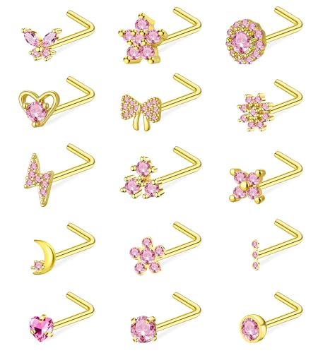 Gold L Shaped Corkscrew Nose Rings for Women 20G Nose Piercings Heart Butterfly Flower Bow Moon Nose Studs Stainless Steel Nose Piercing Jewelry - color: Gold Tone Pink CZ L Shaped