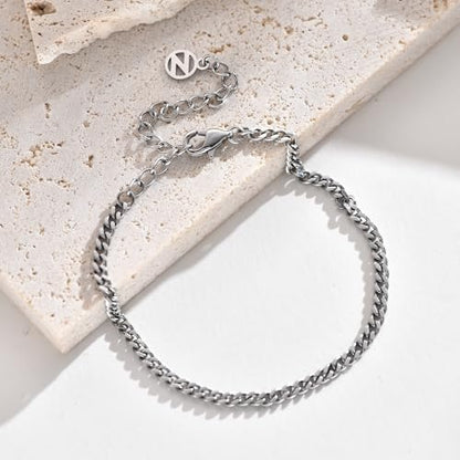 Solid 925 Sterling Silver Bracelets for Women, Dainty Interlocking Circles Cubic Zirconia Adjustable Chain Bracelet, Trendy Stackable Link Bracelets, Simple Cute Jewelry Gifts - color: Silver Cuban Chain