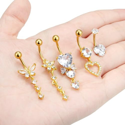 Vsnnsns 14G Dangle Belly Button Ring Piercing Jewelry 316L Stainless Surgical Steel Snake Heart Butterfly Flower Diamond CZ Navel Rings Dangling Belly Button Ring Piercing Jewelry for Women 14 Gauge - color: Gold-Clear CZ
