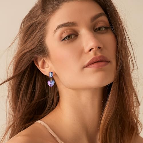 Crystal Heart Teardrop Dangle Earrings for Women Hypoallergenic Multicolor Cubic Zirconia Drop Earrings for Wedding Prom Party Daily Wear - color: Heartpurple
