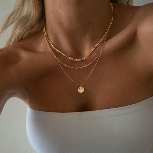 Ewrkbr Layered Necklaces for Women, Dainty Gold Necklace Stack 14k Gold Plated Layering Beaded Chain Choker Necklaces for Women Trendy Simple Disc Star Pendant Necklace Set Fashion Waterproof Jewelry - color: Gold-Cuban