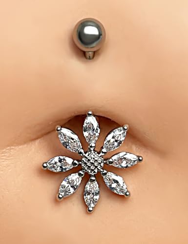 Belly Button Ring Dangle, Cross Belly Button Ring, Navel Piercing | 316L Surgical Steel, AAA+ Cubic Zirconia, Nickel-Free, Hypoallergenic, Multi-Style, 14 Gauge 10 mm Screw On Piercing Stud - style: Big Sunflower