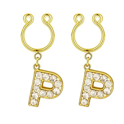 2Pcs Fake Nipple Rings Name Initial Letter Nipple Clamps for Women Non Piercing Beginner Cubic Zirconia Non Piercing Nipple Jewelry - color: P