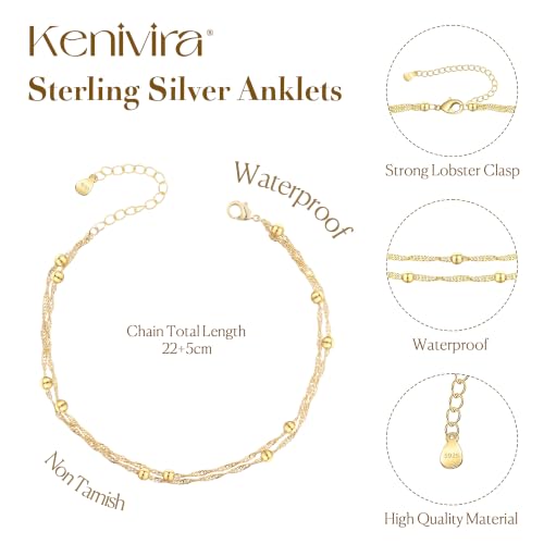 Kenivira 925 Sterling Silver Ankle Bracelets For Women Dainty Layered Waterproof 18K Gold Plated Anklets For Women Beach Adjustable Anklet Foot Jewellery - color: Beaded-G