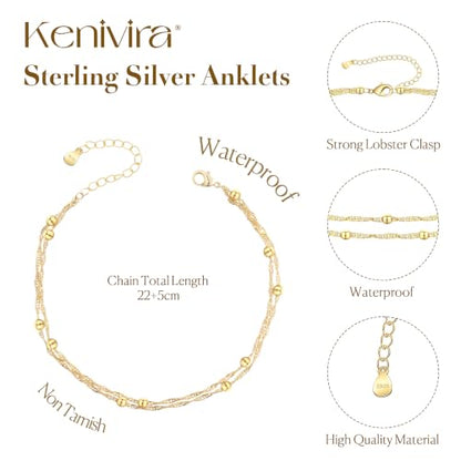 Kenivira 925 Sterling Silver Ankle Bracelets For Women Dainty Layered Waterproof 18K Gold Plated Anklets For Women Beach Adjustable Anklet Foot Jewellery - color: Beaded-G
