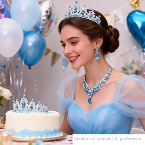 Kamirola Bridal Wedding Tiara Crown Jewelry Set for Women/Brides/Bridesmaids Crystal Jewelry Set for Wedding Prom Party Bridal Crystal Necklace Earrings Bracelet Set(TR60) - color: Silver Skylbue
