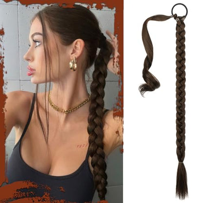 Long Braid Ponytail Extension with Hair Tie Straight Sleek Wrap Around Hair Extensions Braid Pony Tail Fluffy Natural Soft Synthetic Hairpieces for Women Daily Wear, 30 inch-Black Mixed Brown | 30" Long Synthetic Braids Extensions for Women Daily Braids B