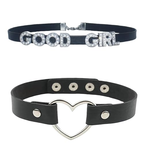 2PCS Cute Punk Goodgirl Heart Gothic Leather Choker Necklaces for Women | Love Collars For Lover Girlfriend,Adjustable Jewelry with Chain For Valentine's Day,Sweet Dating,Halloween Outfits