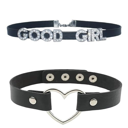 2PCS Cute Punk Goodgirl Heart Gothic Leather Choker Necklaces for Women | Love Collars For Lover Girlfriend,Adjustable Jewelry with Chain For Valentine's Day,Sweet Dating,Halloween Outfits