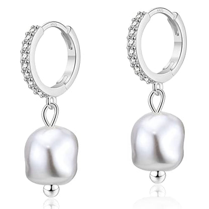 CERSLIMO Pearl Drop Earrings for Women | S925 Sterling Silver Post Simulated Shell Pearl Hoop Dangle Earrings, Hypoallergenic Cubic Zirconia Huggies Earrings Bridesmaid Jewelry - style: 03 Silver-Baroque