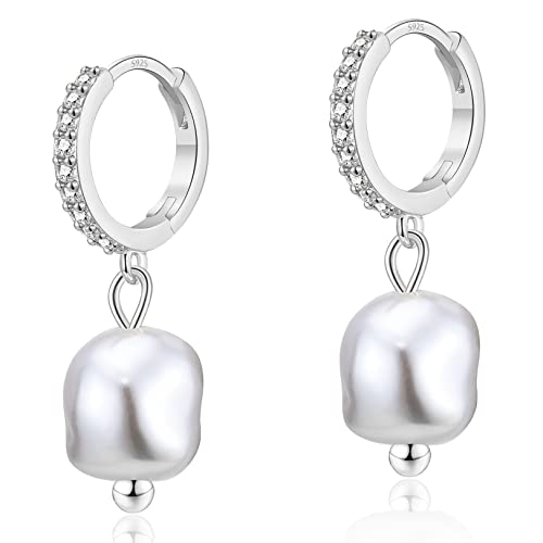 CERSLIMO Pearl Drop Earrings for Women | S925 Sterling Silver Post Simulated Shell Pearl Hoop Dangle Earrings, Hypoallergenic Cubic Zirconia Huggies Earrings Bridesmaid Jewelry - style: 03 Silver-Baroque