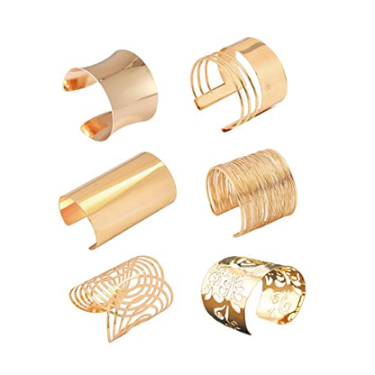 COLORFUL BLING Punk Alloy Hollow Geometric Smooth Polished Gold Hoop Open Cuff Wide Bracelet Bangle Wrist Jewelry for Women Lady - color: 6pcs gold long