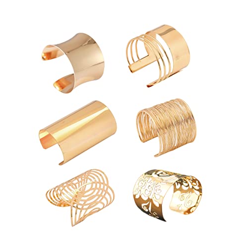 COLORFUL BLING Punk Alloy Hollow Geometric Smooth Polished Gold Hoop Open Cuff Wide Bracelet Bangle Wrist Jewelry for Women Lady - color: 6pcs gold long