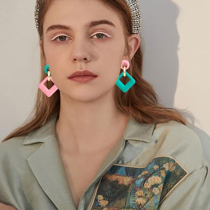 70s 80s Vintage Resin Neon Square Dangle Drop Earrings Simplicity Acrylic Hollow Round Circle Geometry Stud Earrings for Women - style: Blue Pink