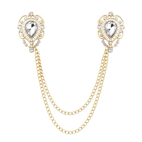 Teardrop Rhinestone Brooch Mens Lapel Pins for Shirt Collar Hanging Chain Brooch Suit Pin Crystal Rhinestone Lapel Pins for Men - color: White