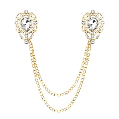 Teardrop Rhinestone Brooch Mens Lapel Pins for Shirt Collar Hanging Chain Brooch Suit Pin Crystal Rhinestone Lapel Pins for Men - color: White