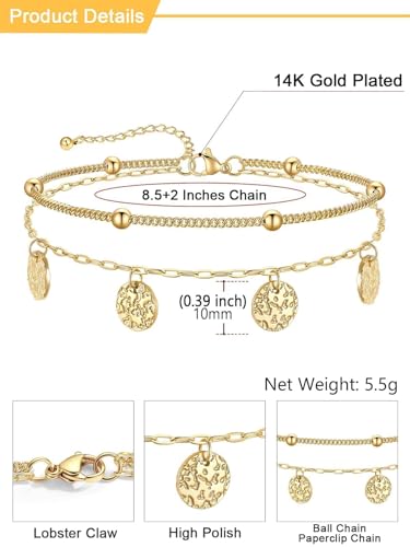 U7 Silver/Gold/Black Ankle Bracelets for Women Layered Chain Anklets | Stainless Steel Anklets Waterproof Summer Beach Anklet Charm, Adjustable 8.5"-10.5",Layered Anklet Fashion - color: Gold - Ball Chain+Paperclip Chain