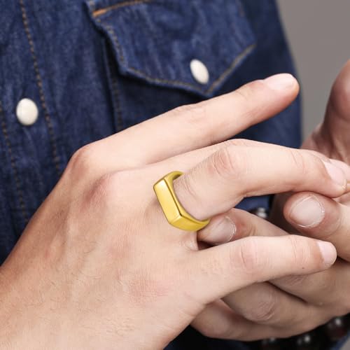 Mens Stainless Steel Plain Signet Rings 4/7/10/14MM Rectangular Pinky Rings | High Polish Classic Blank Thumb Rings, Everyday Comfit Wear, Gift for Men - color: Gold07