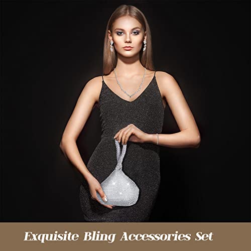 4 Pcs Silver Clutch Purse Jewelry Set for Women Rave Accessories Evening Rhinestone Purse Silver for Bride Wedding - style: Cute Style