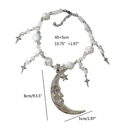 Handmade Crystal Moon Necklace Unique Alloy Star Pendant Clavicle Chain Choker, see picture for size, Metal, No