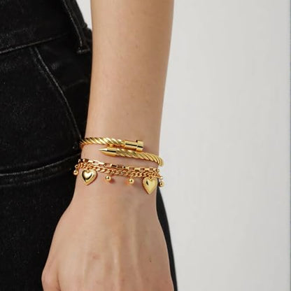 2PCS 18K Gold Plated Nail Bangle & Chain Bracelet Set for Women, Adjustable Stackable Bangle Jewelry, Dainty Gold Bracelet Gift for Women - color: Set F