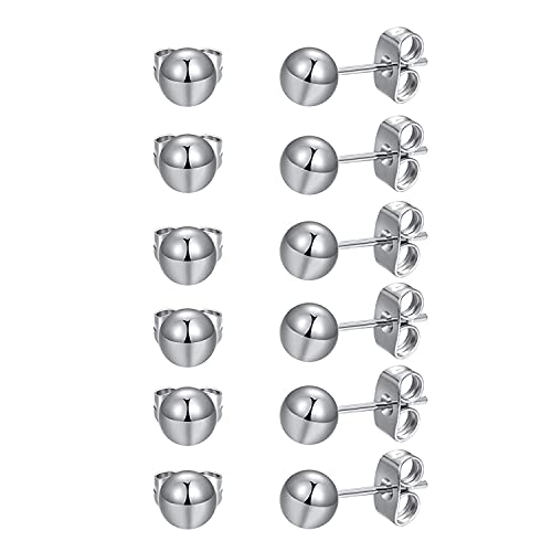 6 Pairs Surgical Stainless Steel Round Ball Stud Earrings Set for Women Men 3-7mm - style: 6 Pairs 5mm Ball Stud Earrings