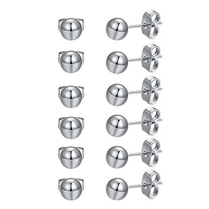 6 Pairs Surgical Stainless Steel Round Ball Stud Earrings Set for Women Men 3-7mm - style: 6 Pairs 5mm Ball Stud Earrings