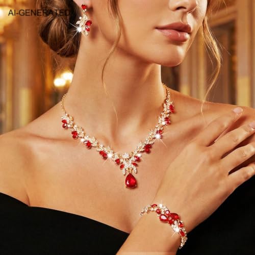 Sixexey Bridal Wedding Jewelry Set Crystal Neck Jewelry Rhinestone Wedding Prom Jewelry Accessories for Women - color: Red Crystal