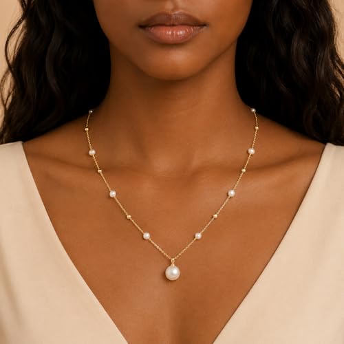 Pearl Necklaces for Women Trendy, Dainty Beaded Choker Necklace, 14K Gold Plated Station Chain, Simple Layering Wedding Prom Jewelry Gift - color: Gold Bead Pearl Pendant