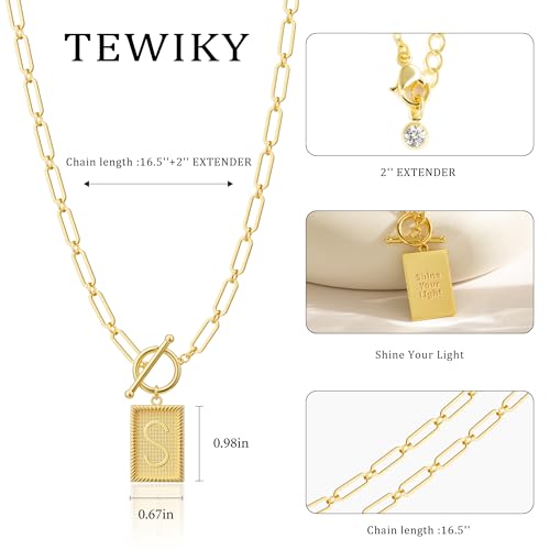 Tewiky Gold Initial Necklaces for Women, Square Letter Pendant Necklace | Toggle Clasp，Trendy 14K Gold Plated Dainty Paperclip Chain Necklaces for Women，Jewelry Gifts - style: Gold S