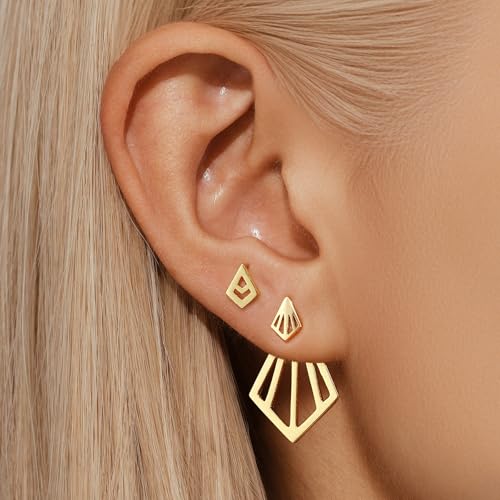 GEORGE · SMITH Geometric earring set for women, Star stud earrings set Suitable for multiple ear piercings 14K gold plated simple Rhombus earrings, front and back earrings for women（3 pairs）