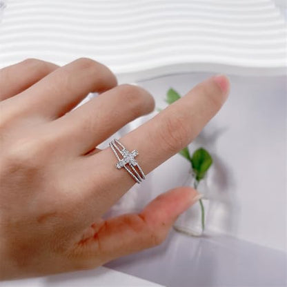 Dainty CZ Cross Adjustable Stacking Open Ring for Women Chic Crystal Christian Faith Triple Layer Stackable Statement Finger Wrap Ring Comfort Fit Religious Fashion Jewelry