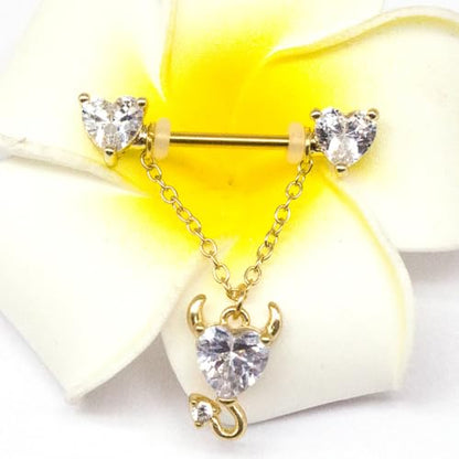 14G Devil Heart Dangle Nipple Rings for Women Girls Stainless Steel Sparkling CZ Love Heart Ball Chain Dangling Nipplerings Nipple Studs Piercing Barbell Body Jewelry - color: Silver