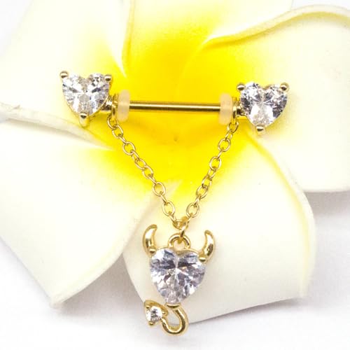 14G Devil Heart Dangle Nipple Rings for Women Girls Stainless Steel Sparkling CZ Love Heart Ball Chain Dangling Nipplerings Nipple Studs Piercing Barbell Body Jewelry - color: Gold
