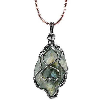 TUMBEELLUWA Handmade Copper Wire Wrapped Labradorite Necklace for Women Men | Irregular Shape, Third Eye Chakra, Enhances Intuition & Spiritual Awareness, 19.86" Stainless Steel Chain, Daily Wear - style: #1 Style 2