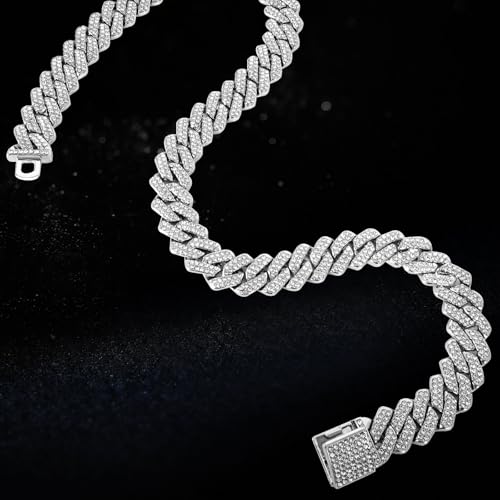 Mens Cuban Link Chain Iced Out Miami Cuban Necklace/Bracelet |14mm Silver & Gold Plated Chains | Bling Diamond Hip Hop Jewelry For Men Women - color: Silver, size: 16 inches