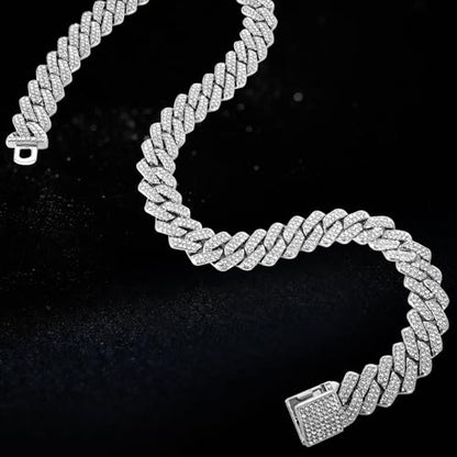 Mens Cuban Link Chain Iced Out Miami Cuban Necklace/Bracelet |14mm Silver & Gold Plated Chains | Bling Diamond Hip Hop Jewelry For Men Women - color: Silver, size: 16 inches