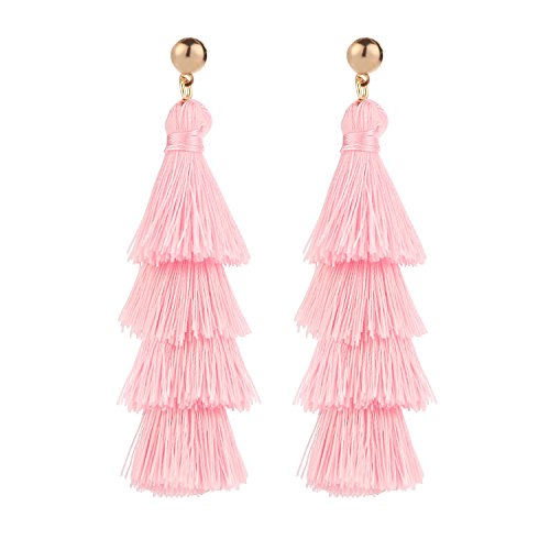 BaubleStar Bohemian Layered Tassel Drop Earrings for Women | Lightweight Statement Party Festival Jewelry - color: Pink