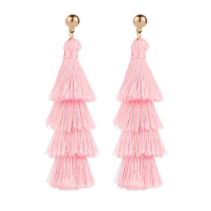 BaubleStar Bohemian Layered Tassel Drop Earrings for Women | Lightweight Statement Party Festival Jewelry - color: Pink