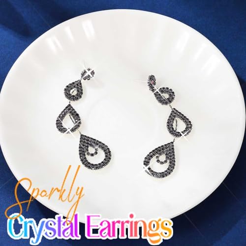 Catery Long Rhinestone Earrings Silver Pageant Earrings Dangling for Women Wedding - color: Black