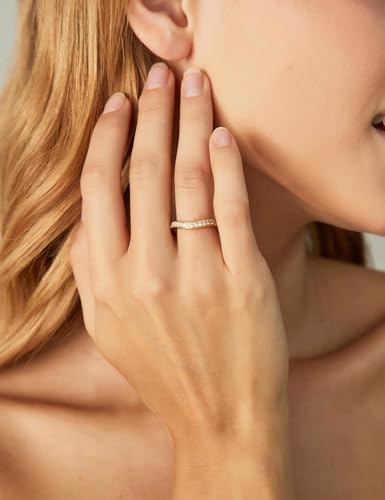 EAMTI 925 Sterling Silver Wedding Bands for Women Cubic Zirconia Wave Stackable CZ Curved Eternity Engagement Promise Gold Rings Size 4-10 - color: Sterling Silver-Gold