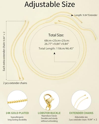 Gold Body Chain for Waist for Women 2Pcs, Jewelry for Beach Accessories | 26.77-52.36In, Adjustable, 14K Gold-plated, Waterproof, Equipped with 2 Extension Chains, Brass, Great for Beach/Dating/Party - style: Layered chain