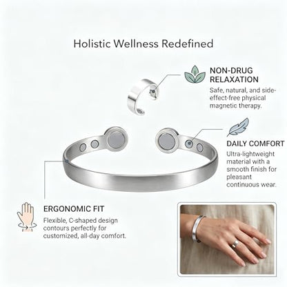 Calming Bracelet Ring Set for Women, Menopause Bracelets Adjustable Bangle Stainless Steel Cuff Climacterium Anxiety Stress Relief Energy Open Jewelry Gift - color: Silver PRO + Silver