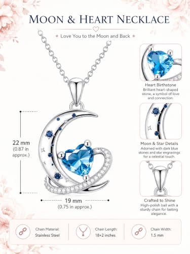Birthstone Necklace for Women White Gold Moon and Star Pendant Moon Jewelry Anniversary Birthday Gifts for Mom Wife Her - color: 12. December - Blue Topaz