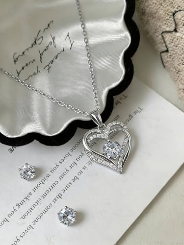 Silver Jewelry Set, Heart-shaped Necklace and Earrings Set, White Gold Plated with Cubic Zirconia, Double Heart Pendant, Women's Fashion Jewelry Set, Gift for Her