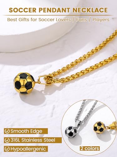 GOLDCHIC JEWELRY Sport Necklaces for Men Teen, Football Baseball Soccer Basketball Softball Necklaces with Stainless Steel Chain Athlete Jewelry Sports Fan Gift - color: Soccer Pendant-Gold, style: NO Engraving