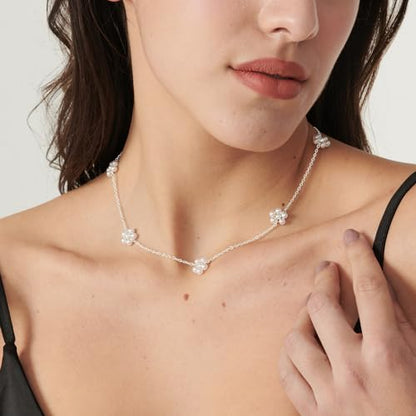 Pearl Necklace for Women- 14K Gold-plated/White Gold-plated Dainty Pearl Necklace for Women - color: Silver daisy flower