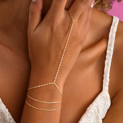 CHESKY 14K Gold Plated Hand Chain Bracelets for Women Stack Jewelry | Dainty Finger Ring Bracelet, Adjustable Hand Chains, Waterproof Beaded Gold Bracelets, Daily Body Jewelry Gift for Women - color: gold-square bracelet