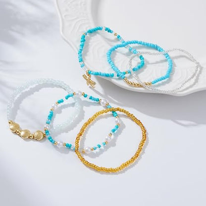 LALAPPLE Shell Bracelet Boho Beaded Stretch Bracelets for Women Seashell Strand Bracelets Starfish Charm Jewelry Summer Beach Jewelry Stackable Crystal Gold Plated Beads Bracelet for Women - style: Style6