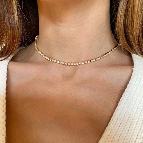 HERIER Tennis Necklace for Women 14K Gold Plated or Silver Rhinestone Choker Necklaces Dainty Zirconia Cut Faux Diamond chain 3mm - color: Gold-tennis